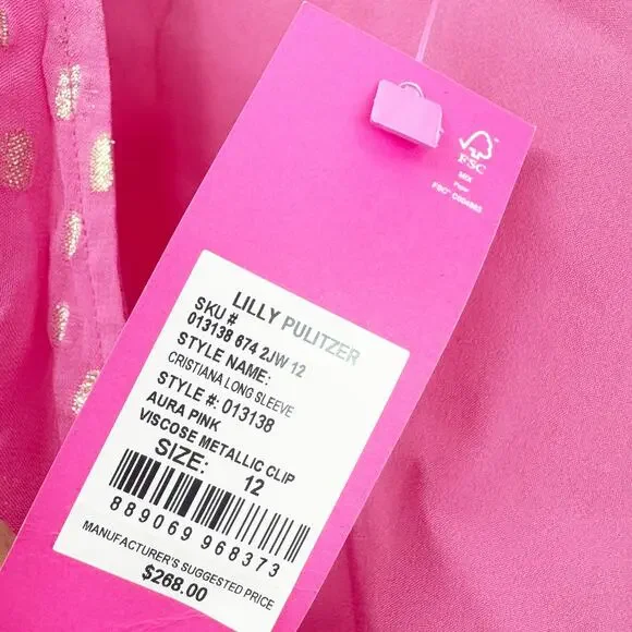 Lilly Pulitzer Women's Aura Pink Cristiana Dress Long Sleeve Dress Size 12 NWT